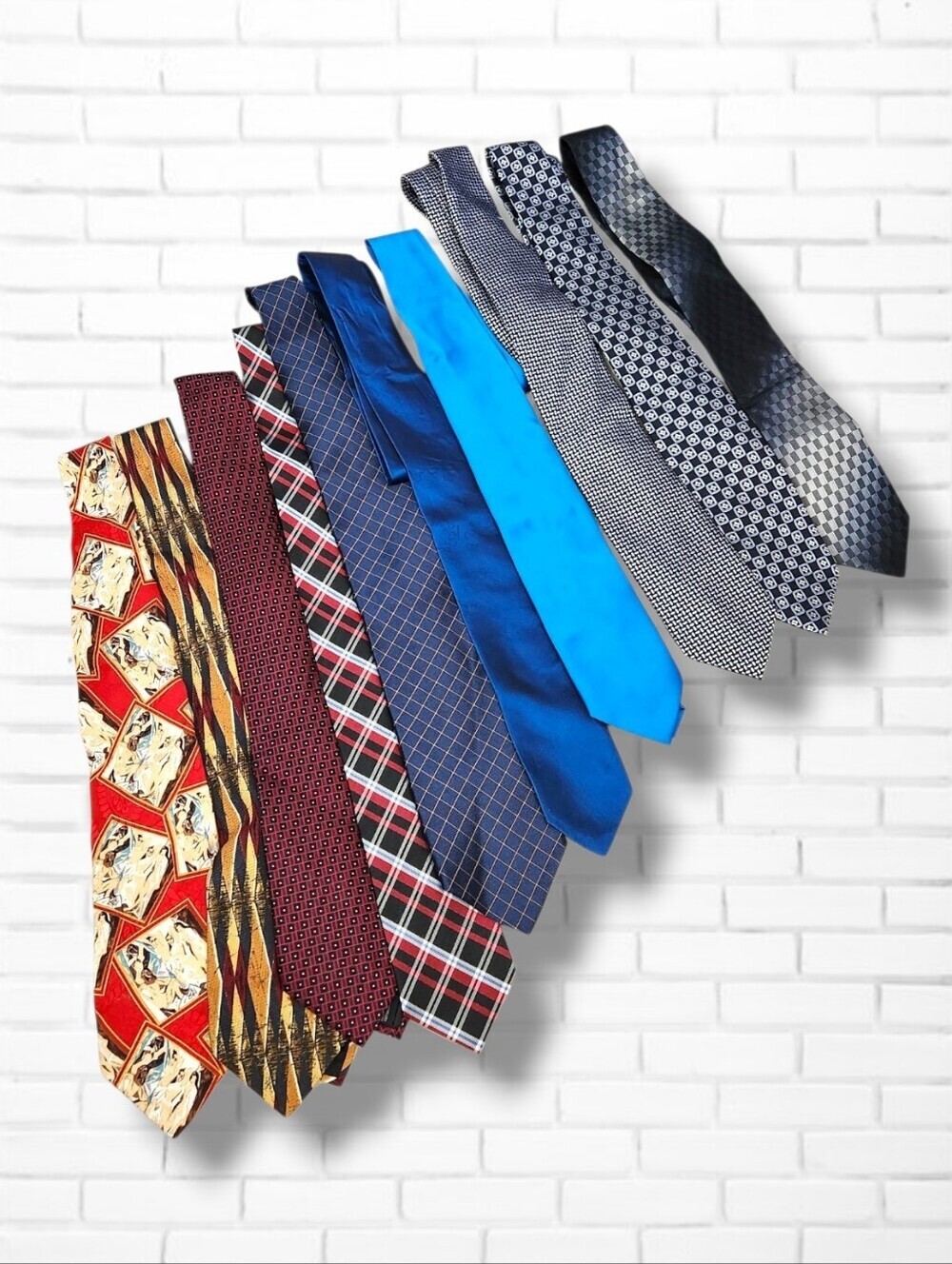 10 Piece Shades Of Red, Blue, Grey, Silver Silk Tie Bundle